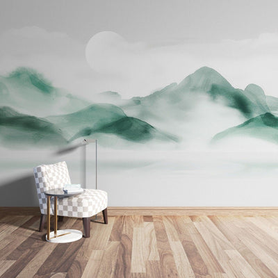 tapet personalizat zen oriental cu un munte invaluindu se in ceata creand o atmosfera de mister calm si profunzime misty mountain