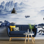 Tapet Zen Oriental cu peisaj montan pe apa cu barci si egrete - BLUE ORIENTAL SCENERY