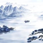 Tapet Zen Oriental cu peisaj montan pe apa cu barci si egrete - BLUE ORIENTAL SCENERY