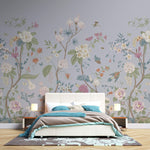 Tapet Zen Oriental cu gradina inflorita in stil chinoiserie cu fundal gri-albastrui - LIGHT BLUE CHINOISERIE