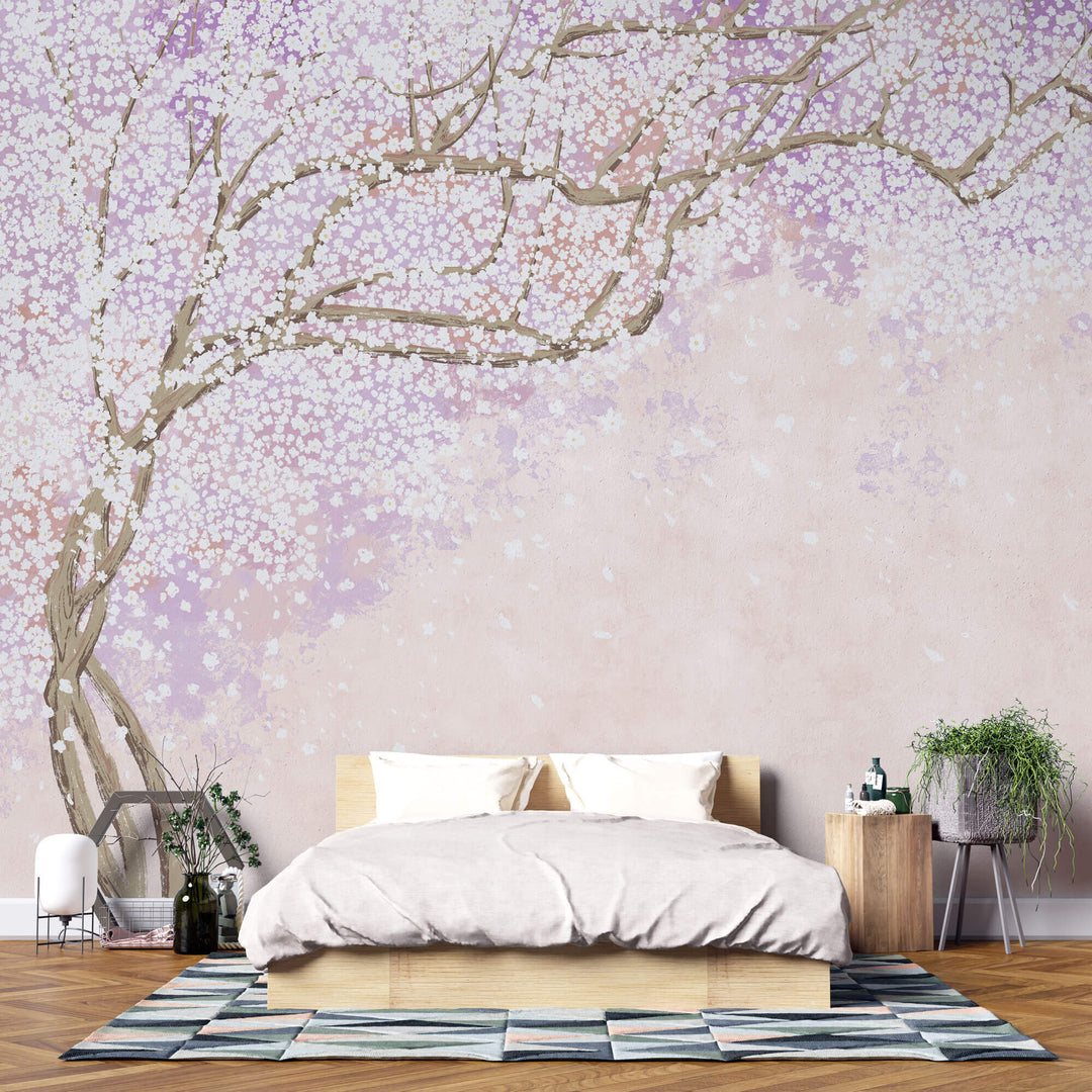 Tapet Zen Oriental cu copac inflorit in nuante de roz si mov - CHERRY BLOSSOM CHINOISERIE