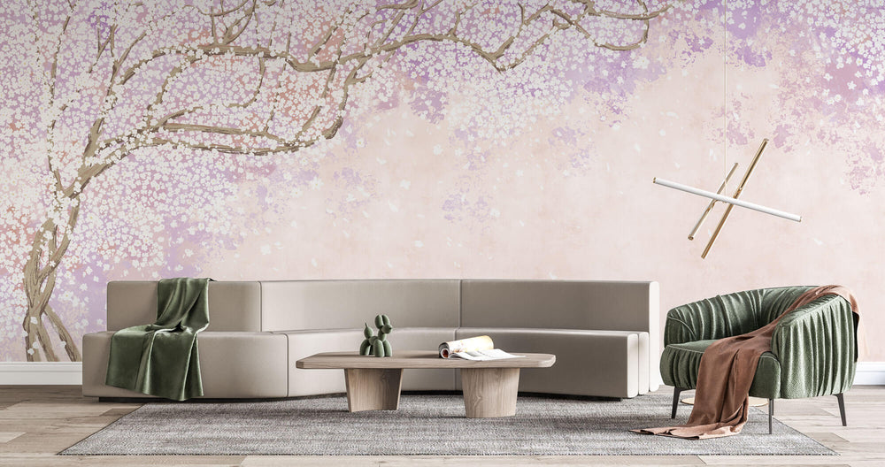 Tapet Zen Oriental cu copac inflorit in nuante de roz si mov - CHERRY BLOSSOM CHINOISERIE