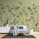 Tapet Zen Oriental cu plante fructifere verzi si pasari - MINTY BIRD CHINOISERIE