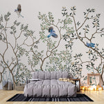 Tapet Zen Oriental cu copaci asiatici infloriti si pasari albastre - BLUE JAY CHINOISERIE
