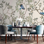 Tapet Zen Oriental cu copaci asiatici infloriti si pasari albastre - BLUE JAY CHINOISERIE