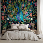 Tapet Zen Oriental cu paun inflorit colorat pe un fudal negru - COLORFUL PEACOCK