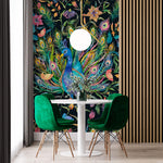 Tapet Zen Oriental cu paun inflorit colorat pe un fudal negru - COLORFUL PEACOCK