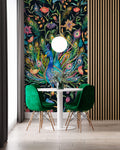 Tapet Zen Oriental cu paun inflorit colorat pe un fudal negru - COLORFUL PEACOCK