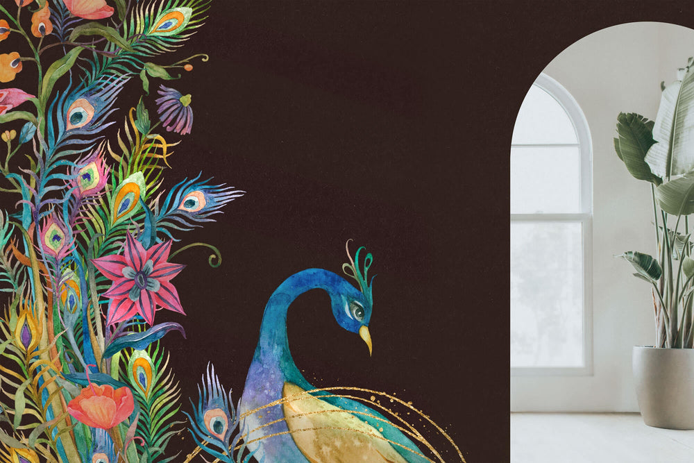 Tapet Zen Oriental cu pauni infloriti pe un fundal maro texturat - FLOWER FRAMED PEACOKS