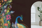 Tapet Zen Oriental cu pauni infloriti pe un fundal maro texturat - FLOWER FRAMED PEACOKS