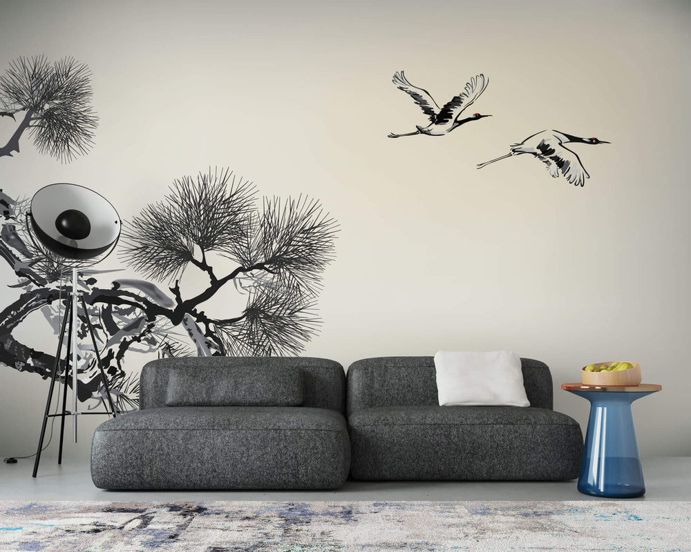 Tapet Zen Oriental cu natura orientala abstracta - INK CRANES