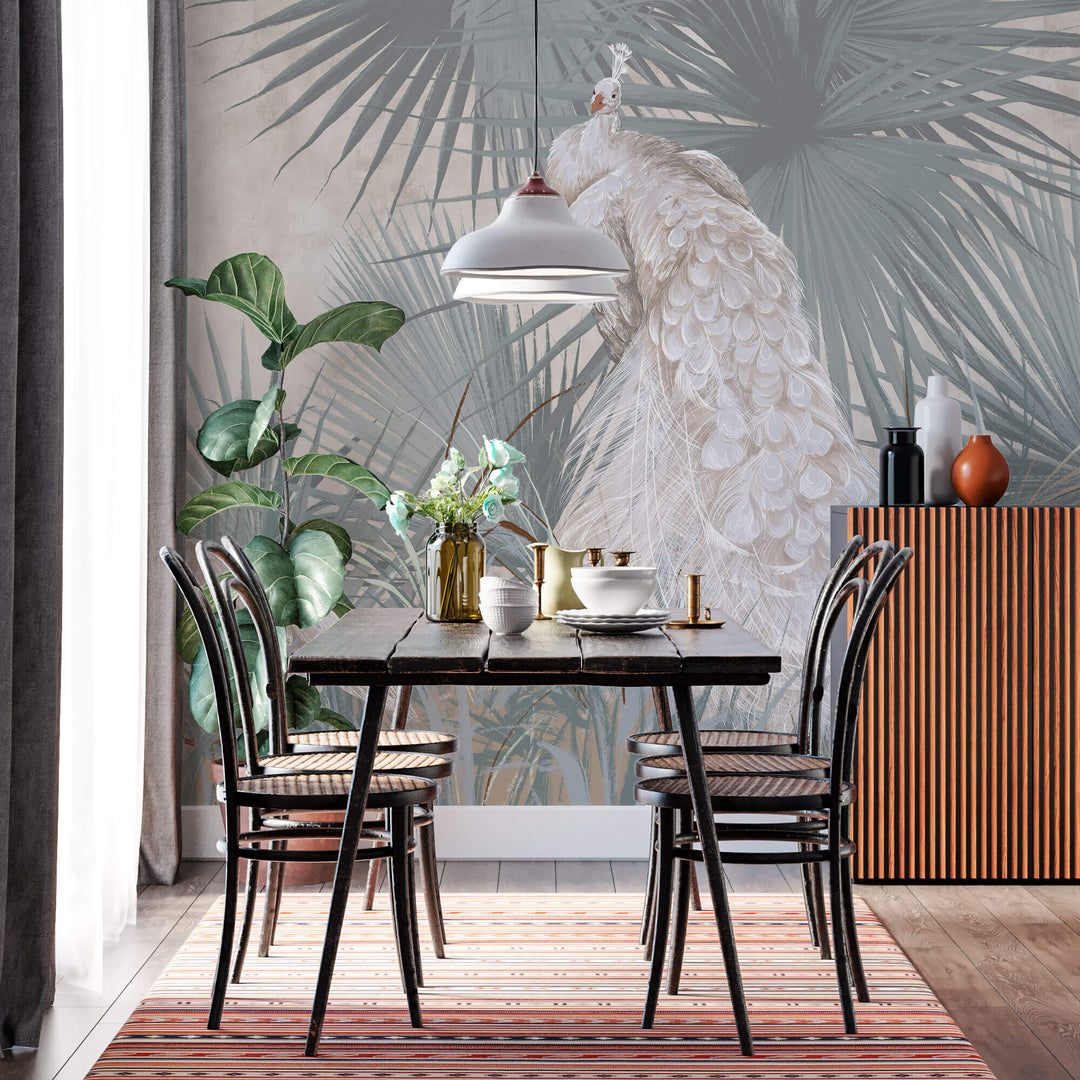 Tapet Zen Oriental cu palmieri si pauni albi pe un fundal texturat crem - WHITE PEACOCKS