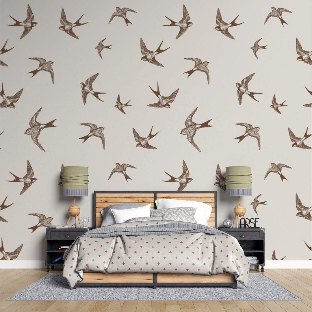 Tapet Zen Oriental cu randunele maro pe un fundal crem - SEPIA SWALLOWS