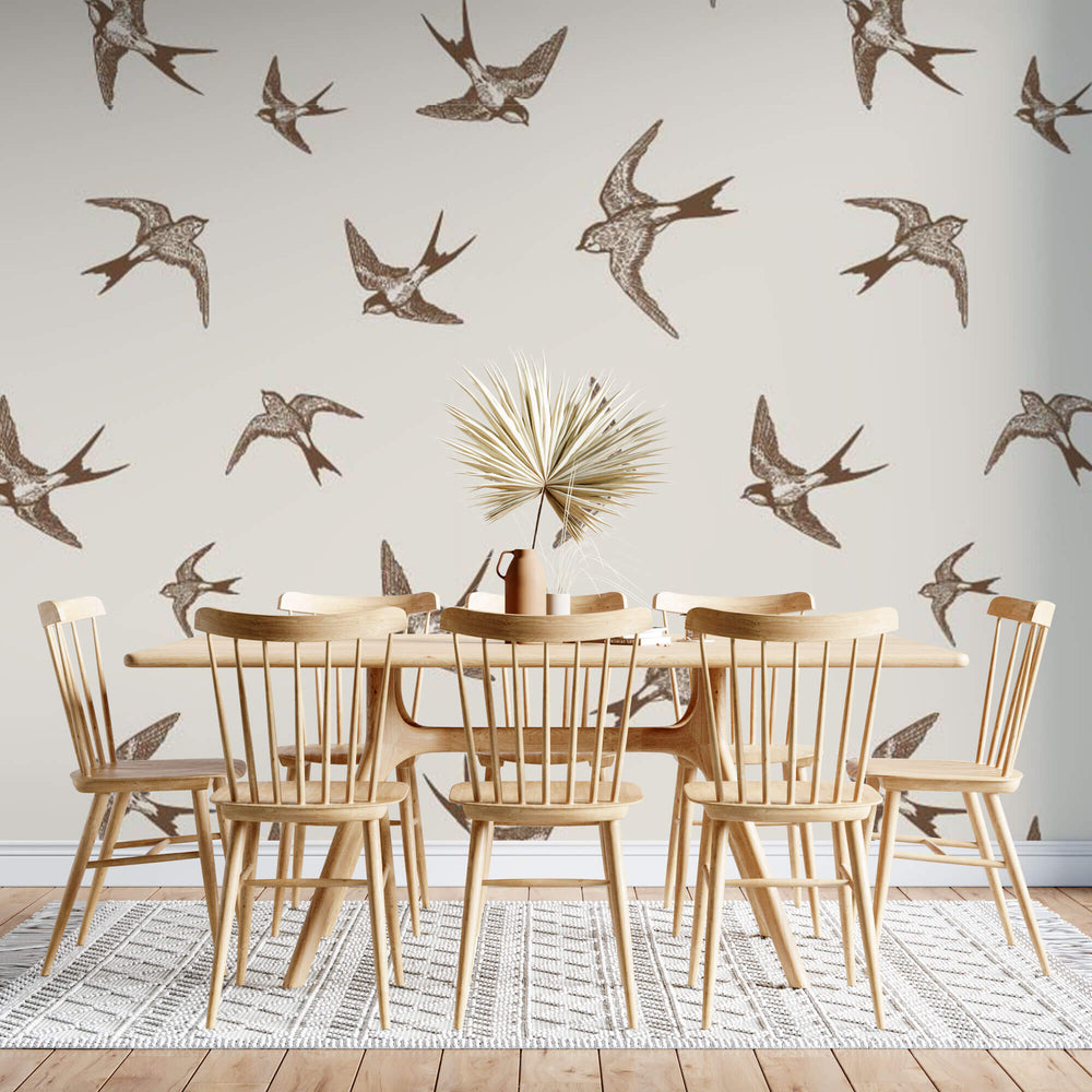 Tapet Zen Oriental cu randunele maro pe un fundal crem - SEPIA SWALLOWS