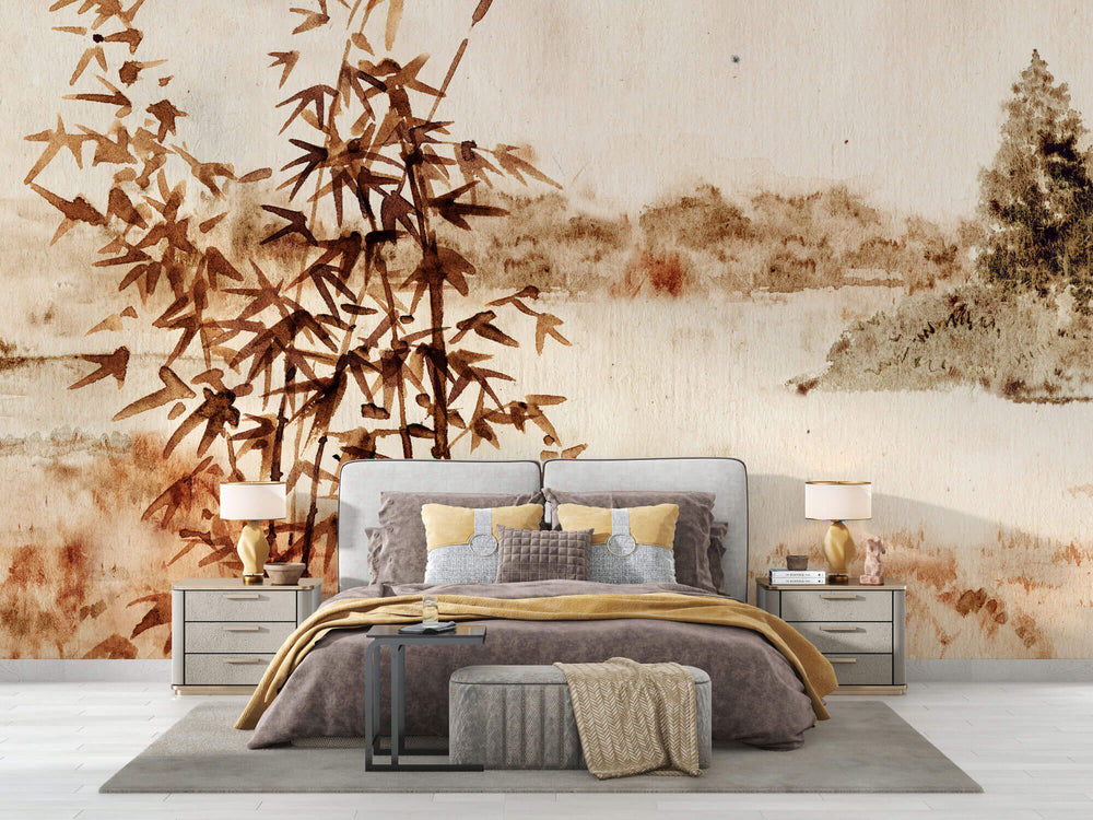 Tapet Zen Oriental cu pictura in stil papyrus - PAPYRUS LANDSCAPE