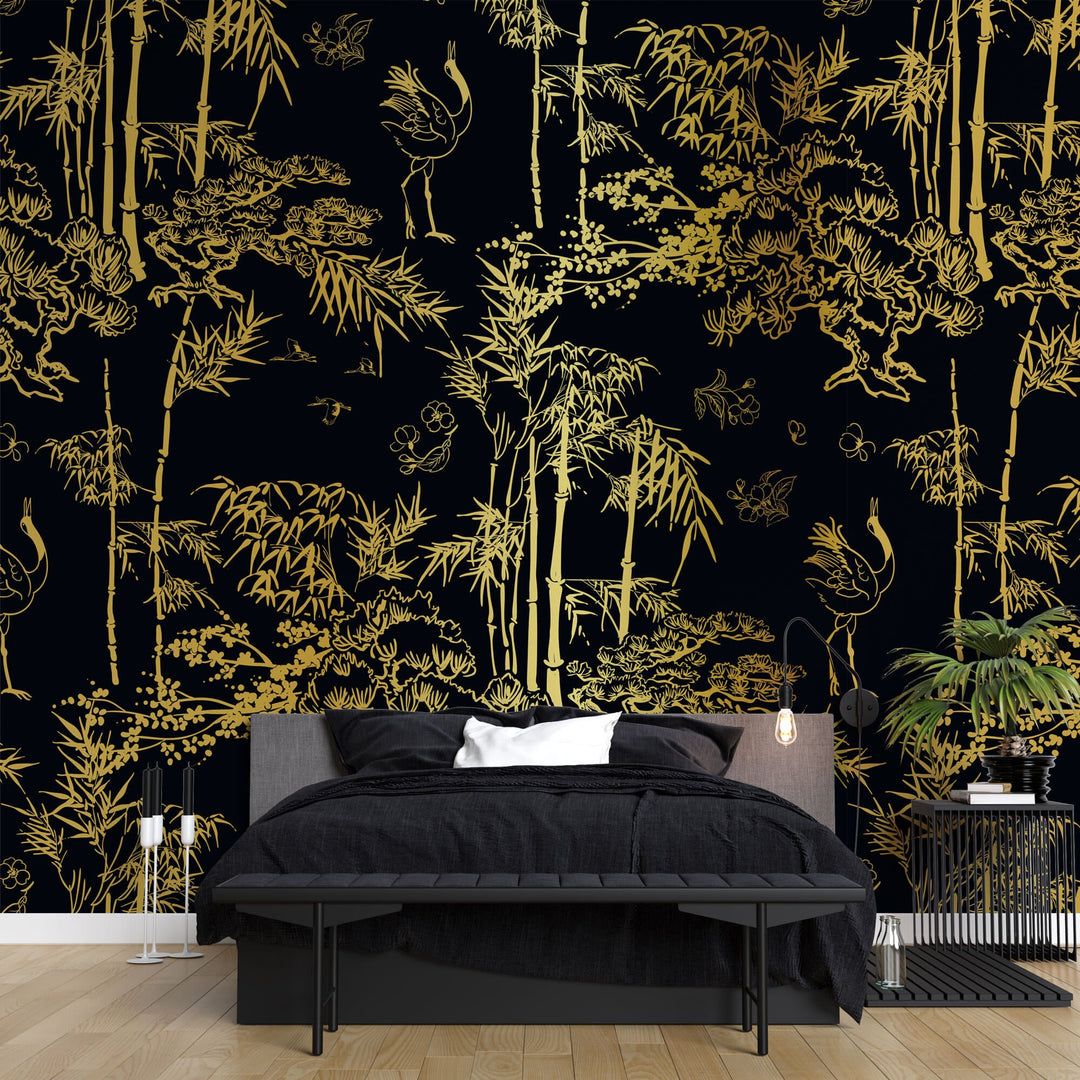 Tapet Zen Oriental cu bambusi aurii pe un fundal negru - GOLDEN BAMBOO FOREST