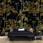 Tapet Zen Oriental cu bambusi aurii pe un fundal negru - GOLDEN BAMBOO FOREST