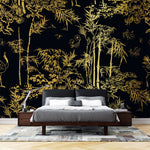 Tapet Zen Oriental cu bambusi aurii pe un fundal negru - GOLDEN BAMBOO FOREST