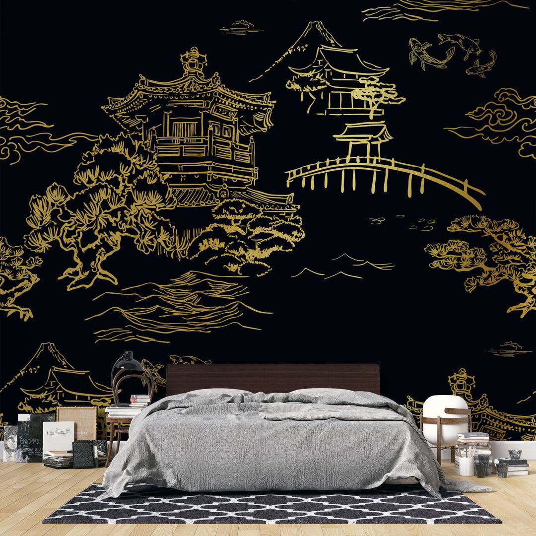 Tapet Zen Oriental cu temple chinezesti aurii pe un fundal negru - GOLDEN TEMPLE