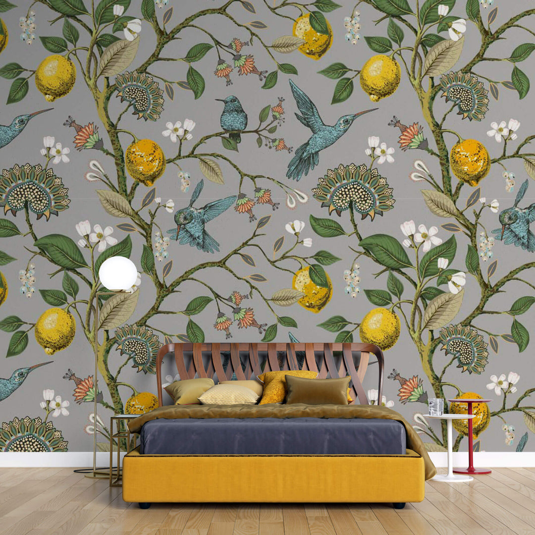 Tapet Zen Oriental cu lamai inflorit si pasari colorate - HUMMINGBIRD LEMON TREE