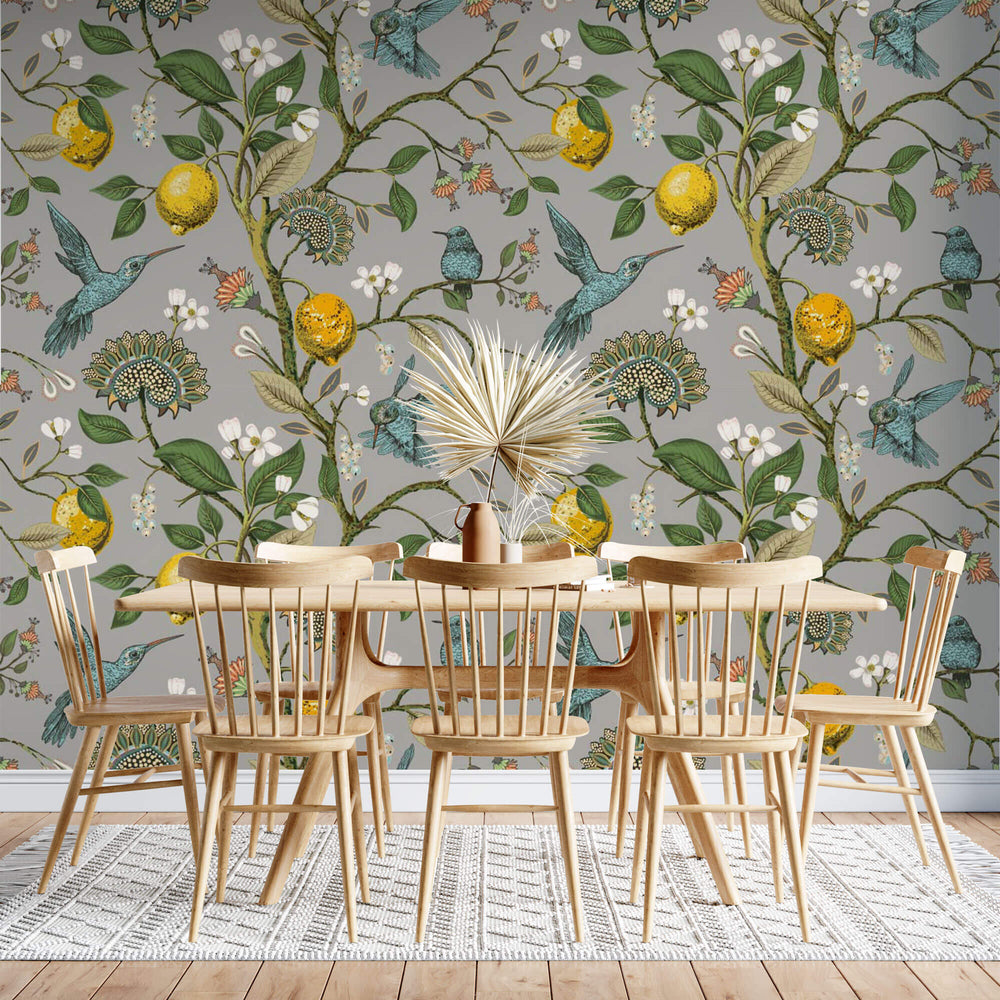 Tapet Zen Oriental cu lamai inflorit si pasari colorate - HUMMINGBIRD LEMON TREE