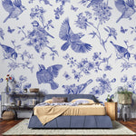 Tapet Zen Oriental cu pasari si crengute inflorite in nuante de albastru - BLUE BIRDS CHINOISERIE