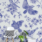 Tapet Zen Oriental cu pasari si crengute inflorite in nuante de albastru - BLUE BIRDS CHINOISERIE