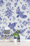Tapet Zen Oriental cu pasari si crengute inflorite in nuante de albastru - BLUE BIRDS CHINOISERIE