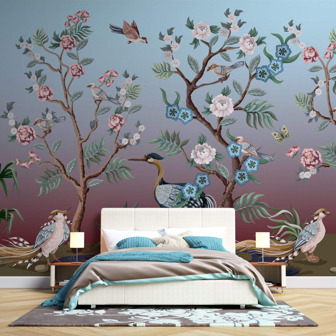 Tapet Zen Oriental cu copaci infloriti si pasari orientale - CANDY BIRDS CHINOISERIE