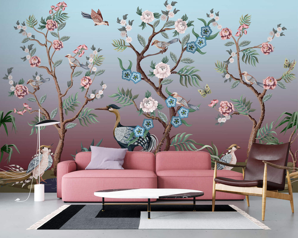 Tapet Zen Oriental cu copaci infloriti si pasari orientale - CANDY BIRDS CHINOISERIE