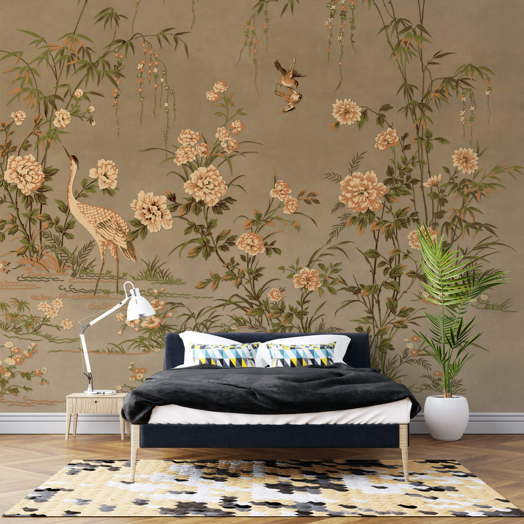 Tapet Zen Oriental cu flori orientale si pasari in nuante pamantii - VINTAGE WARM CHINOISERIE