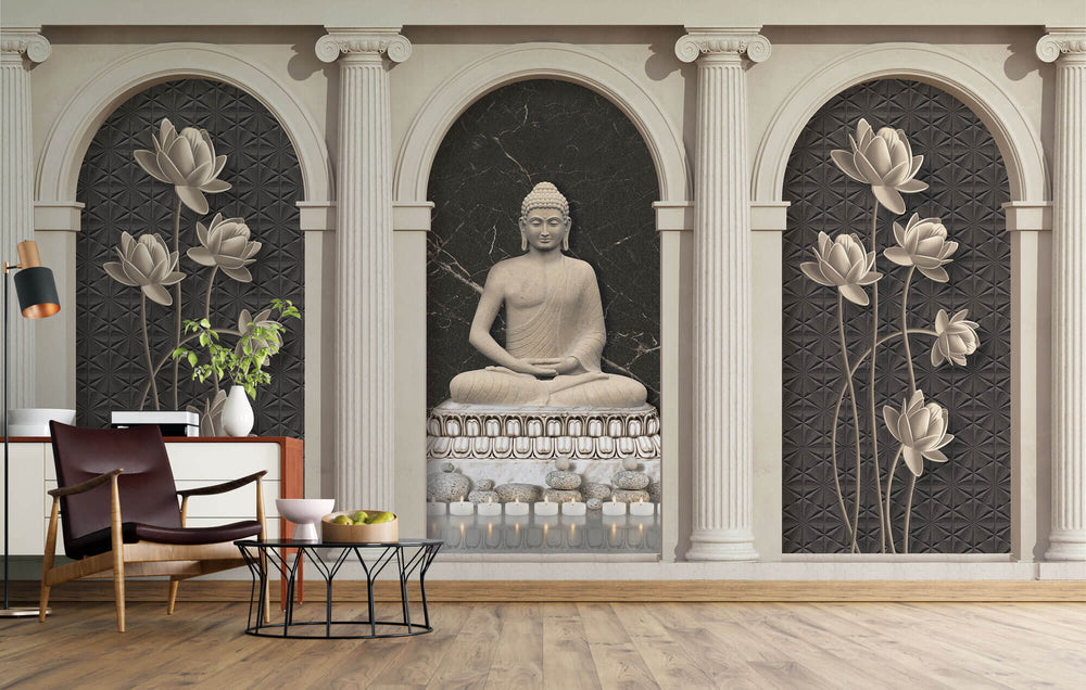 Tapet Zen Oriental cu coloane si statueta lui Buddha - STONE ARCHES BUDDHA