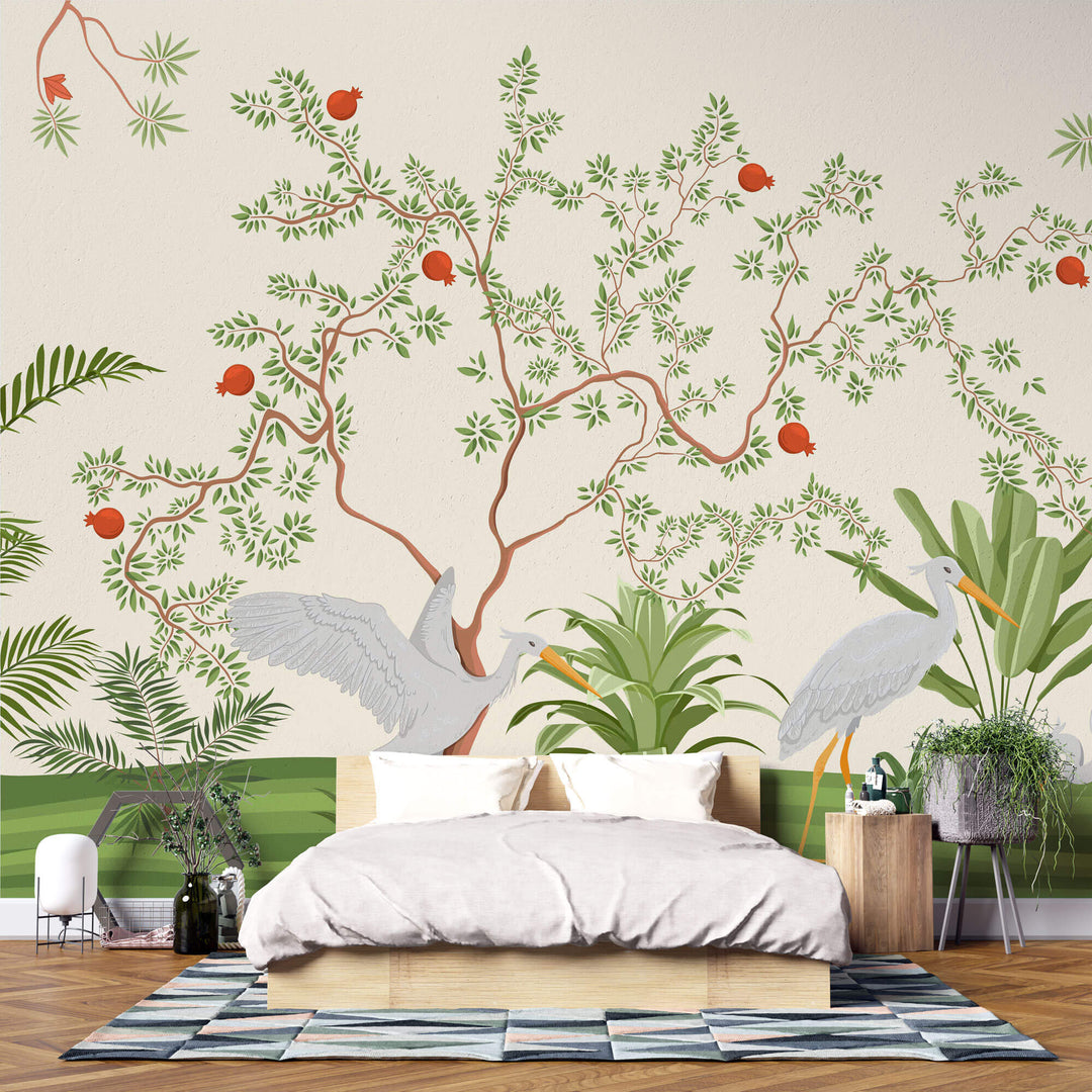 Tapet Zen Oriental cu rodii si cocori pe un fundal crem - POMEGRANATE EGRETES