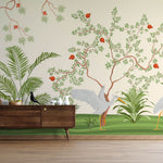 Tapet Zen Oriental cu rodii si cocori pe un fundal crem - POMEGRANATE EGRETES