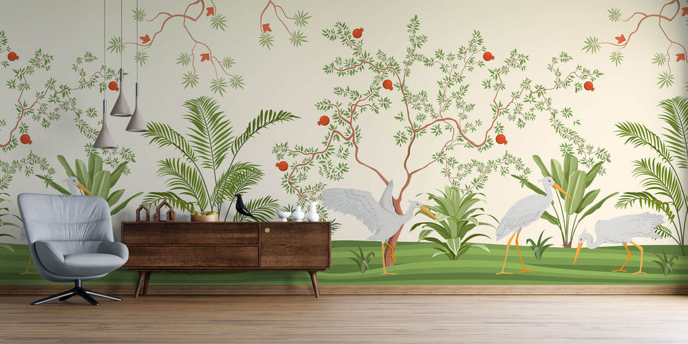 Tapet Zen Oriental cu rodii si cocori pe un fundal crem - POMEGRANATE EGRETES