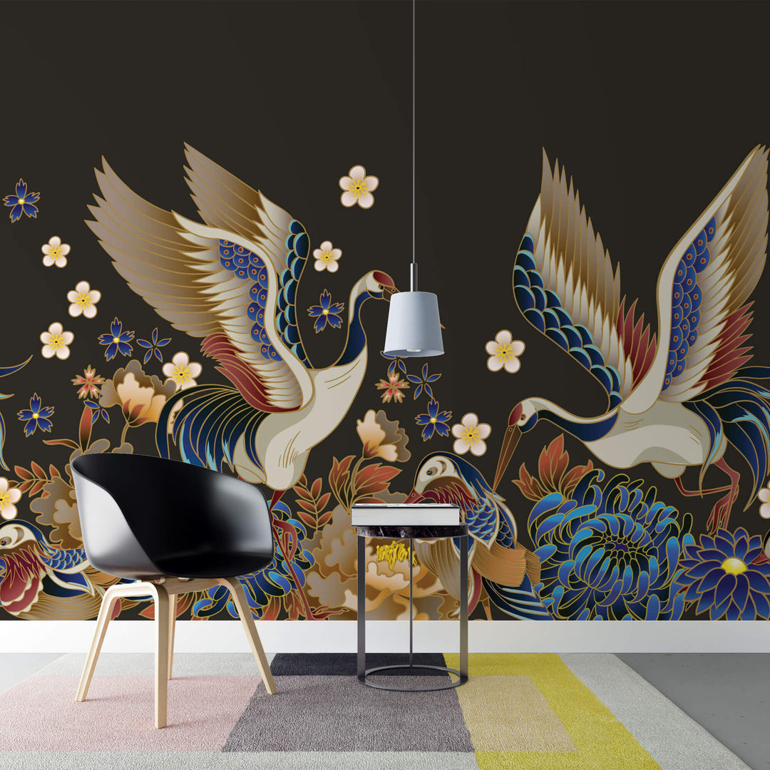 Tapet Zen Oriental cu pasari orientale ilustrate pe un fundal maro - ORIENTAL BROWN OUTLINE