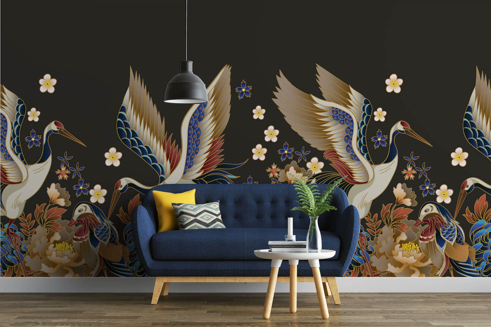 Tapet Zen Oriental cu pasari orientale ilustrate pe un fundal maro - ORIENTAL BROWN OUTLINE