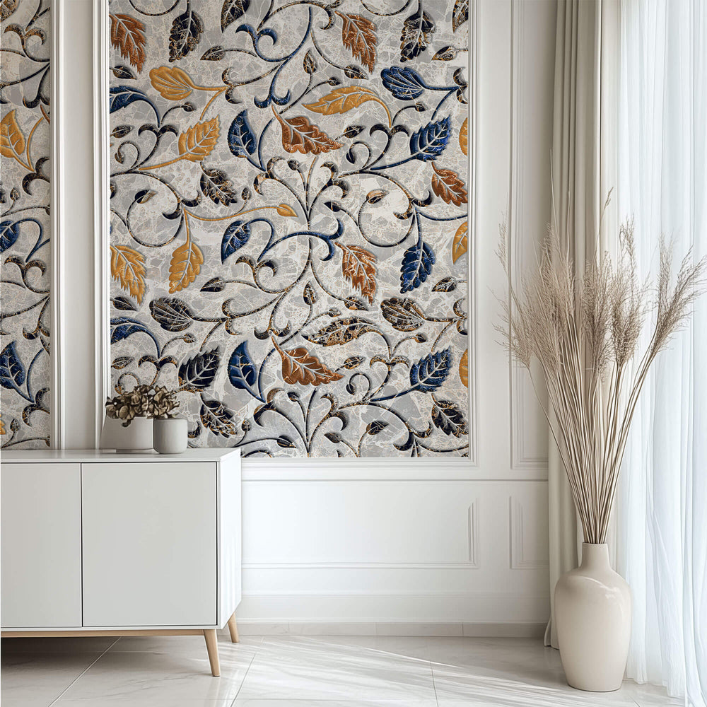 Tapet Zen Oriental cu frunze texturate in nuante de galben albastru si gri - AUTUMN MARBLE LEAVES