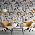 Tapet Zen Oriental cu frunze texturate in nuante de galben albastru si gri - AUTUMN MARBLE LEAVES