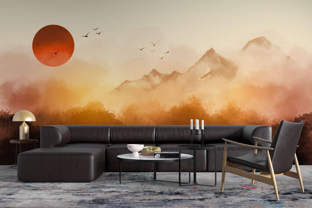 Tapet Zen Oriental cu peisaj montan de apus - BLOOD MOON DUSK