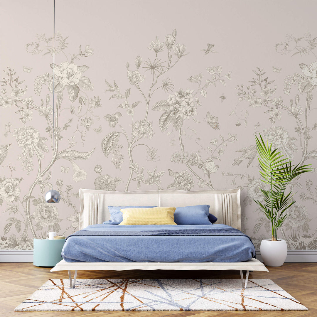 Tapet Zen Oriental cu gradina inflorita in stil chinoiserie in nuante de roz pal - LIGHT PINK CHINOISERIE