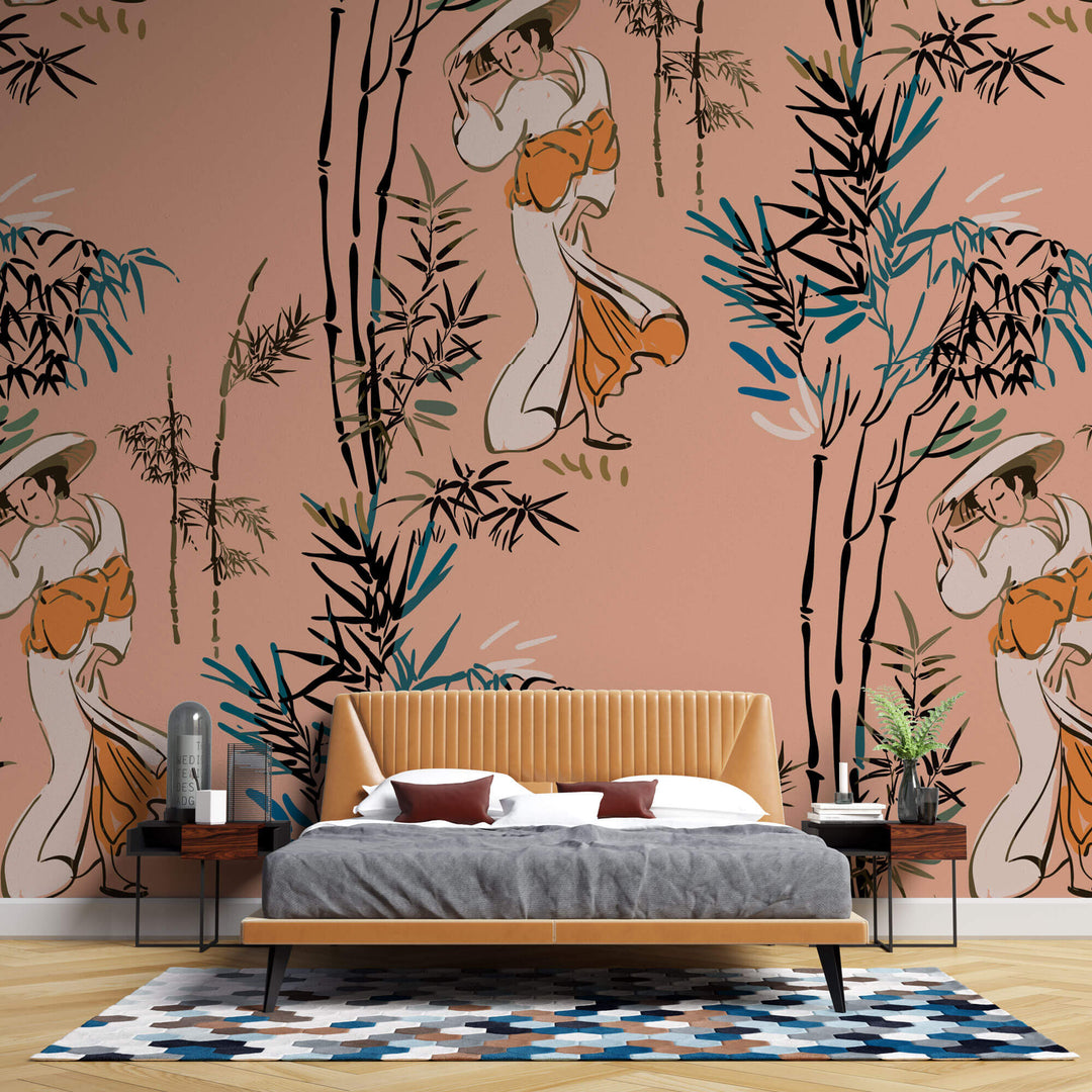 Tapet Zen Oriental cu geishe si bambusi pe un fundal roz somon - SALMON GEISHA