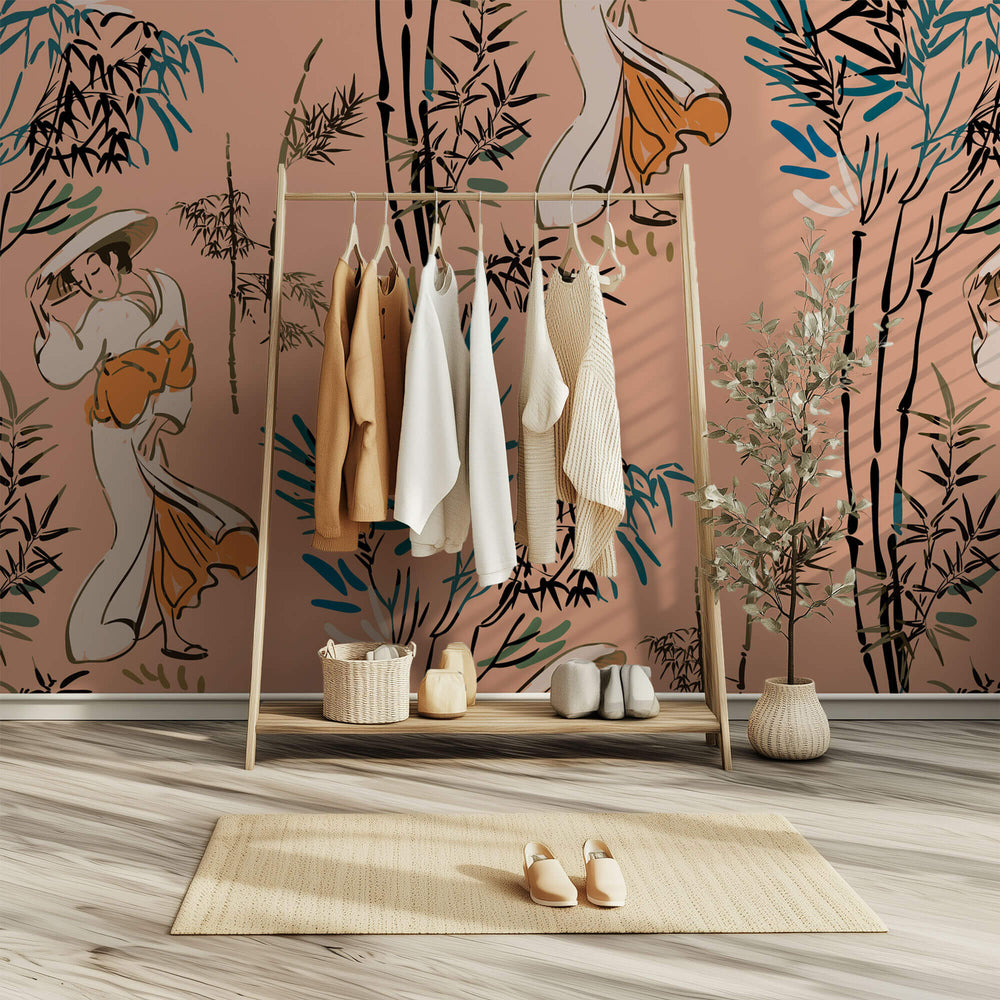 Tapet Zen Oriental cu geishe si bambusi pe un fundal roz somon - SALMON GEISHA