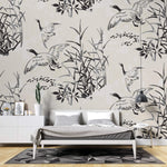 Tapet Zen Oriental cu bambusi si pasari zburatoare in stil de ilustratie - INK ART BIRDS