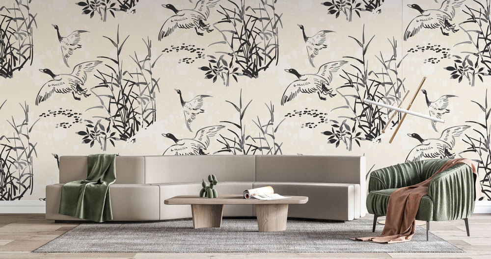 Tapet Zen Oriental cu bambusi si pasari zburatoare in stil de ilustratie - INK ART BIRDS