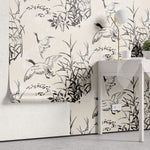 Tapet Zen Oriental cu bambusi si pasari zburatoare in stil de ilustratie - INK ART BIRDS