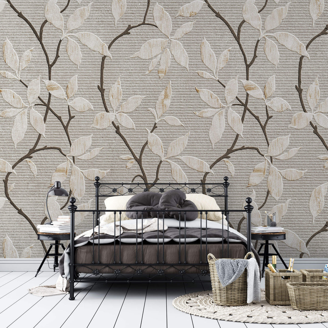 Tapet Zen Oriental cu flori orientale embosate in nuante de gri si crem - CERAMIC ORIENTAL FLOWERS