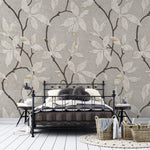 Tapet Zen Oriental cu flori orientale embosate in nuante de gri si crem - CERAMIC ORIENTAL FLOWERS