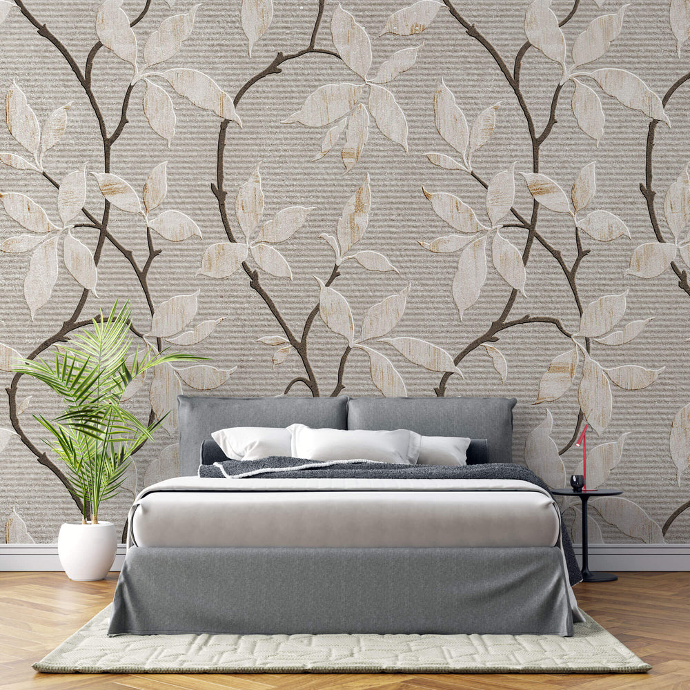 Tapet Zen Oriental cu flori orientale embosate in nuante de gri si crem - CERAMIC ORIENTAL FLOWERS