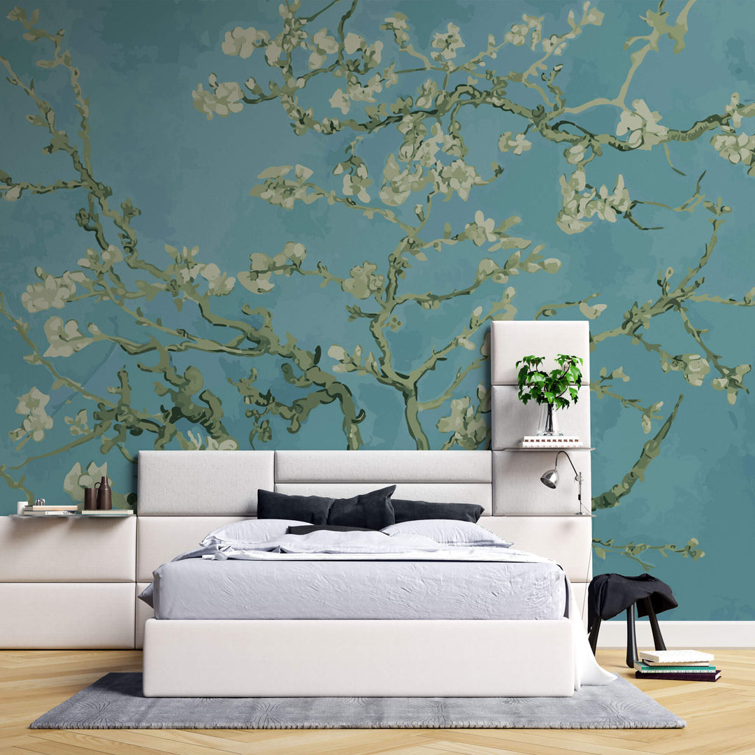 Tapet Zen Oriental cu copac inflorit pictat cu fundal albastru - BLUE TREE ORIENTAL